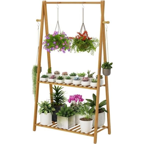 Hanging Plant Shelf Indoor Outdoor Plant Stands Wood Flower Stand 2 Tiered Rack - Picture 1 of 7